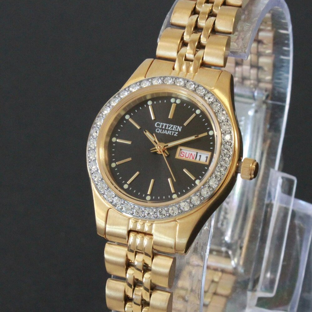 Citizen Ladies Classic Quartz Watch Crystal Bezel Gold Toone Black Dial 26mm - Picture 7 of 13